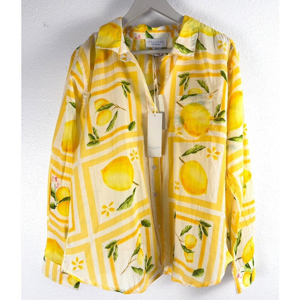 Calypso St Barth Sz Large Lemon Print Cotton Button Down Shirt Yellow Semi Sheer